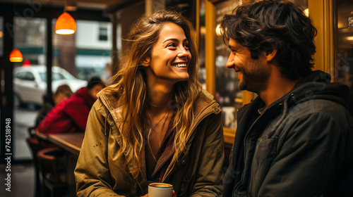 Couple in Love Looking at Each Other, Both Holding Coffee to Go: Romantic and Cozy