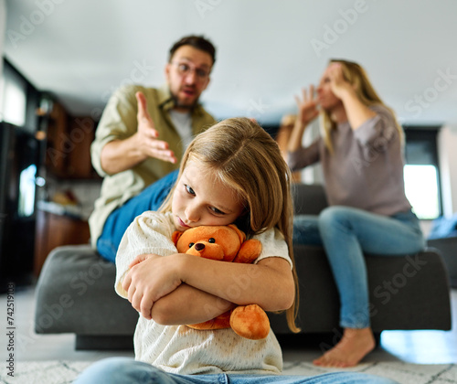 child family sad parent mother conflict father problem girl arguing divorce home fight unhappy sadness fighting covering ears