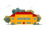 A vector illustration of school building surrounded by trees