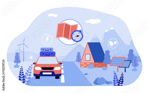Eco travel and staycations concept. Electric car with suitcases, map with compass, camping site with solar panels and wind turbines. Vector illustration