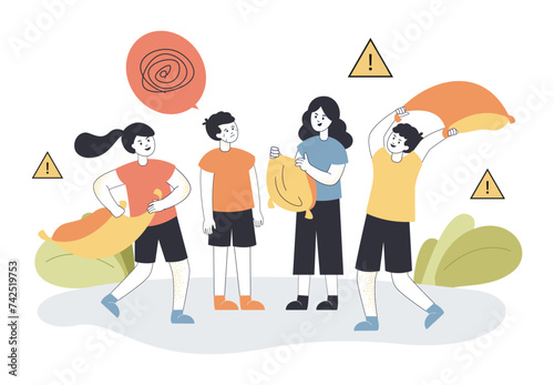 Brothers and sisters playing with pillows vector illustration. Younger brother crying and  being offended. More siblings worsening mental health. Family relationships concept