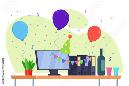 Office desk with computer decorated with party hat, flags and balloons. Vector illustration. Bottle of wine and plastic cups on table. Confetti on background. Office party, celebration concept