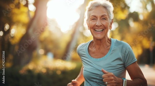 Active Senior Living: A joyful elderly woman running in a park, symbolizing health, vitality, and active lifestyle in retirement.
