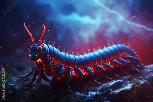 millipede with red blue lightning background photo