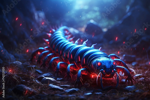 millipede with red blue lightning background photo