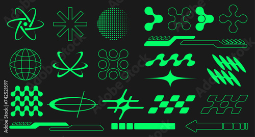 Set of green abstract retro futuristic Y2K elements and shapes isolated on a black background. Y2K geometric shapes, forms, symbols for template, poster, banner, web, stickers, logo, social media.