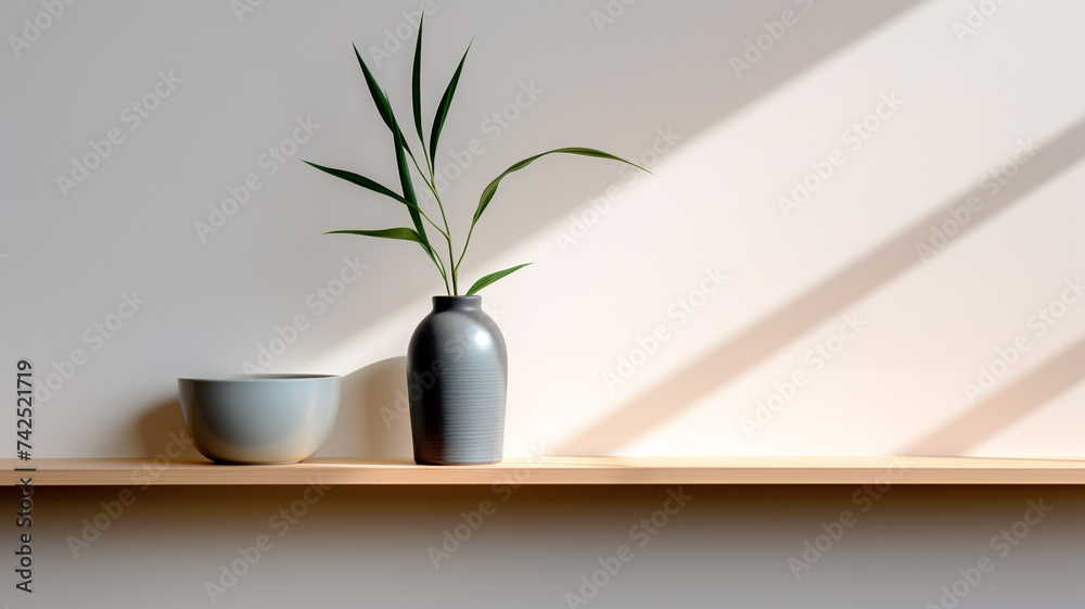 Vase with a plant on a shelf, minimalist composition Vase with a plant on a shelf, minimalist composition