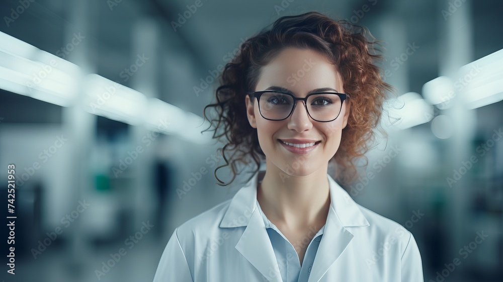 Young successful female worker of scientific laboratory in whitecoat and eyeglasses standing by glass wall inside office in front of camera Young successful female worker of scientific laboratory in whitecoat and eyeglasses standing by glass wall inside office in front of camera