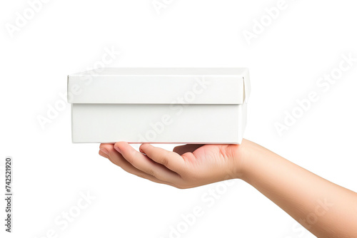 hand holding white box, isolated white background PNG