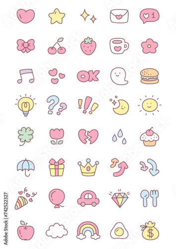 Kawaii icon set. Collection of cute hand drawn stickers isolated on a white background. Vector 10 EPS.