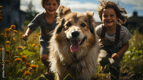 Dog Days: A Photo of Kids Playing with a Dog in the Backyard © Graphics.Parasite