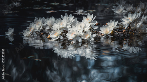 hyper-realistic images showcasing abstract patterns with jasmin flowers, asmine flowers reflected in water. Frame the scenes to emphasize the interplay of light and floral reflections, creating an art © Possibility Pages