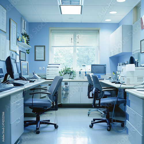 High angle view of a well organized medical workstation calm and prepared photo