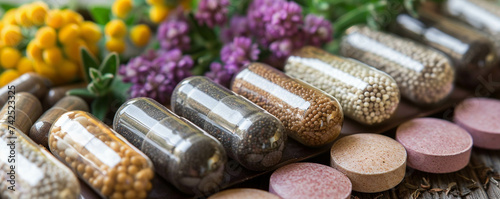Medical herbs and pills alternative medicine and pharmaceuticals photo