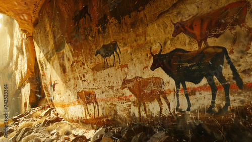 Ancient paintings on the cave walls photo
