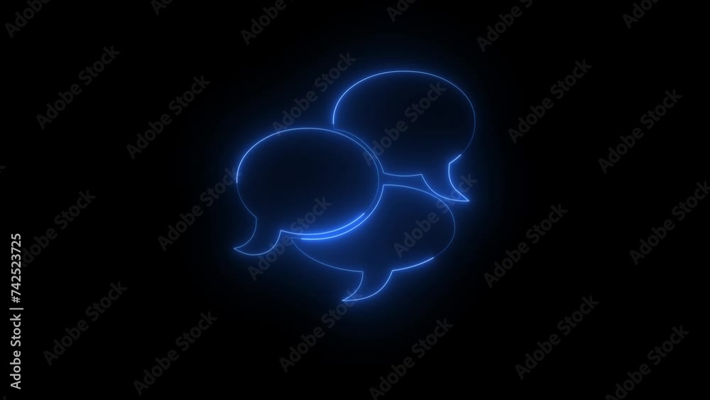 Neon glowing blue talking sign icon animation in black background