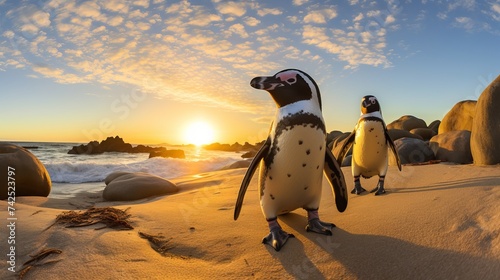 African penguins on the sandy coast in sunset. Red sky. African penguin ( Spheniscus demersus) also known as the jackass penguin and black-footed penguin.Cape Town. South Africa