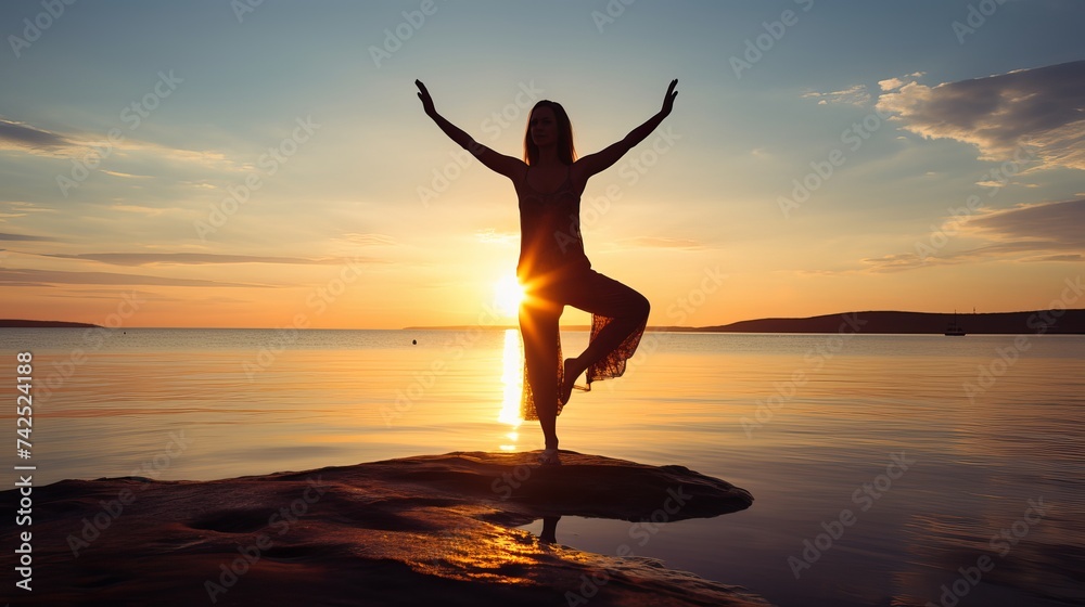Asian girl practice Yoga on the beach Sunrise morning day