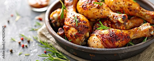 Golden roasted chicken legs seasoned with rosemary and spices, served on a white plate, perfect for a hearty meal photo