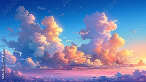Cartoon big clouds, sunset or sunrise.