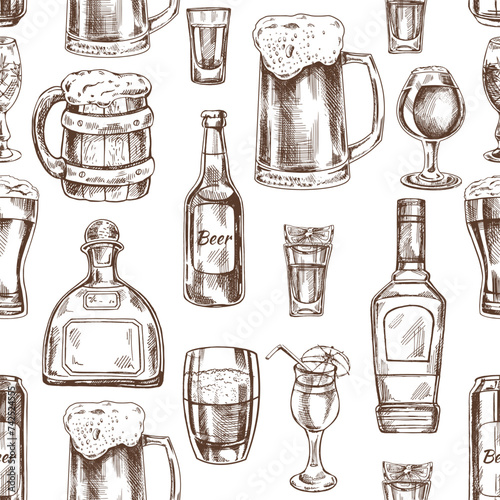 Seamless hand-drawn pattern of alcohol drinks. Vector illustration in vintage style. Beverages. Good for the menu.