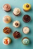 A selection of beautifully decorated cupcakes with vibrant frosting, arranged on a bright surface, ideal for celebrations and parties