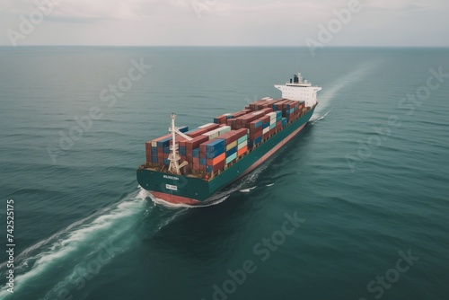 Merchant worldwide transportation ship full of Cargo Container boxes for import export dock in sea or ocean. International Business commercial trade global freight shipping logistic oversea concept.