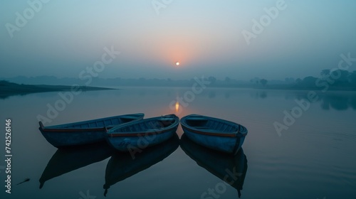 Traditional boats float peacefully on a tranquil lake under a soft sunrise, reflecting the simplicity of a quiet morning.