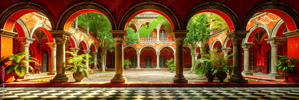 Fototapeta premium Majestic ancient palace with intricate designs, showcasing the architectural elegance and historical significance of Andalusian culture