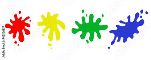 A colorful paint spray kit. A collection of flat round sprays, liquids of decorative shapes. Various splashes and drops, cartoon splashes. A collection of Stain colored inks