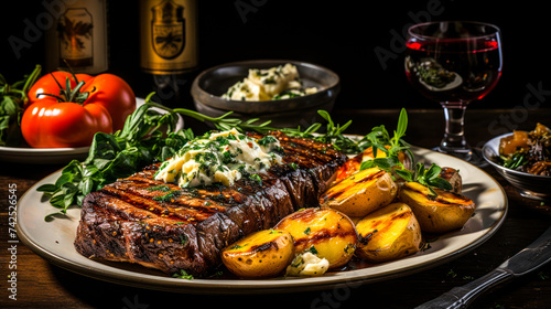A Classic and Elegant Meal of Steak and Potatoes with Salad and Wine