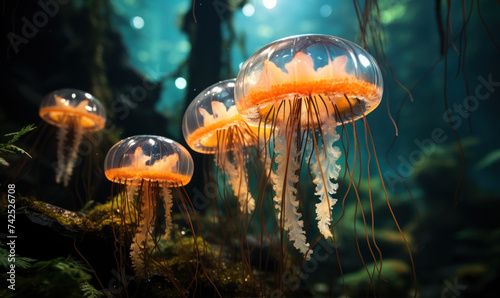 Transparent jellyfish plays with light reflecting underwater. marine life