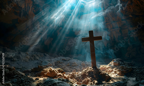 cross in a cave in the rays of sun and dust, Generative AI photo