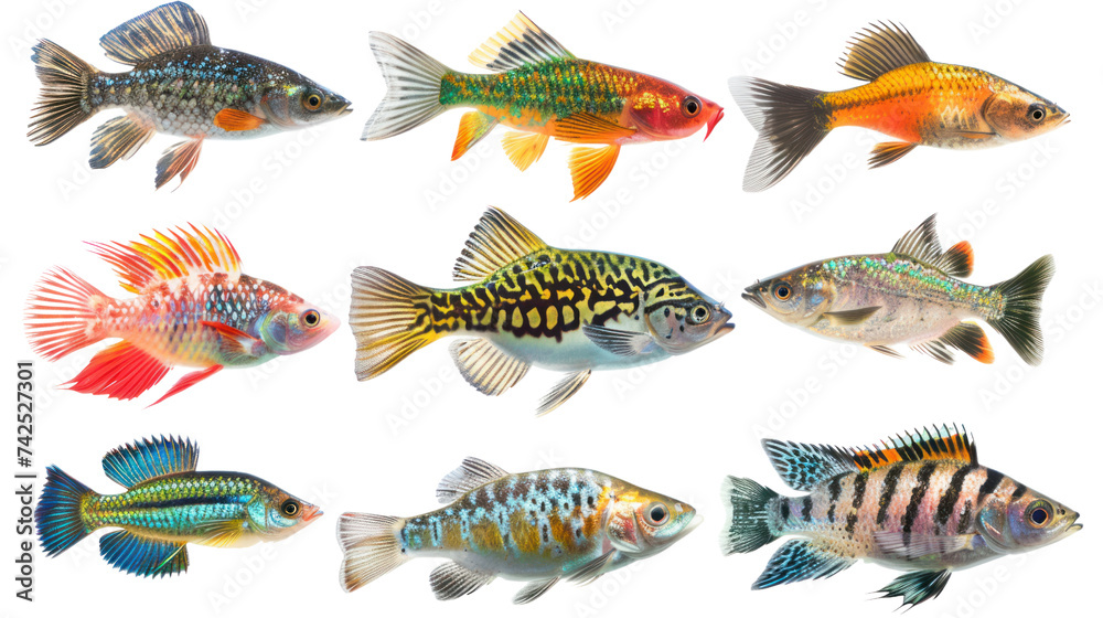 Tropical fish collection isolated on transparent and white background.PNG image