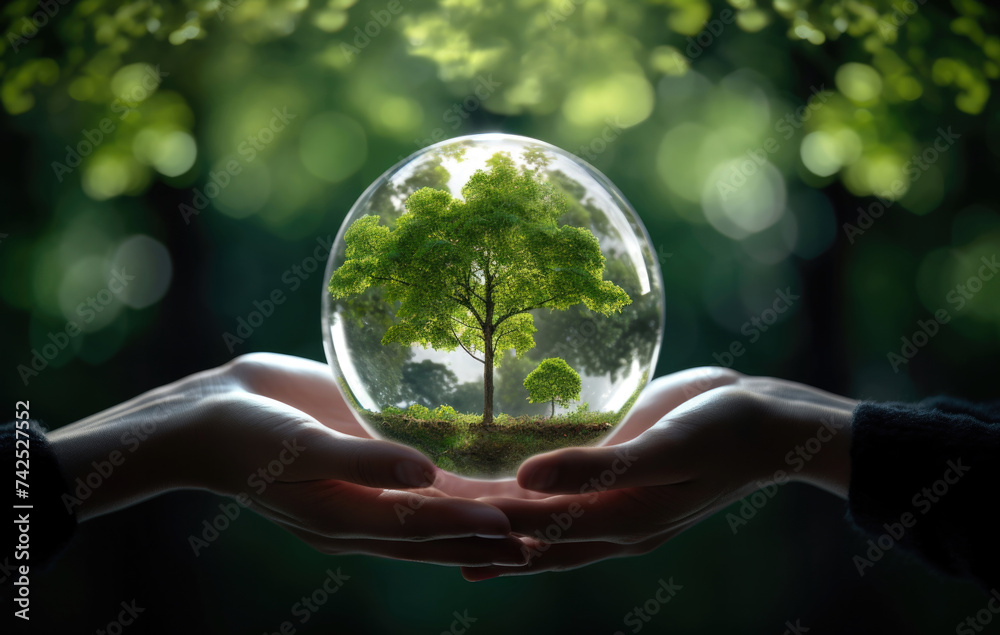Human hands holding glass ball with green tree inside having eco friendly concept background. High quality photo
