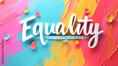 Inspirational calligraphic quote overlay on a colorful background for the Women's Day social media campaign. Vivid abstract colorful painted background with a word "Equality" in the center.