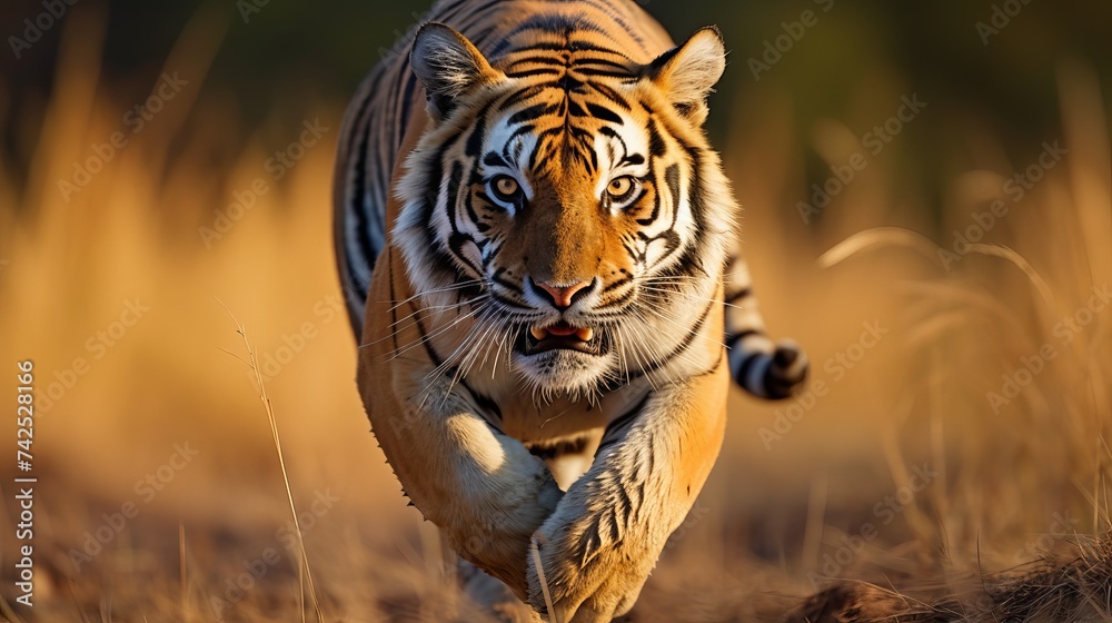 Bengal tiger in natural habitat. The Bengal (Indian) tiger (Panthera tigris) running on golden grassland under the beautiful blue sky with the white clouds. India