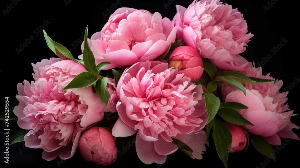 Bouquet of pink peonies, dark background,