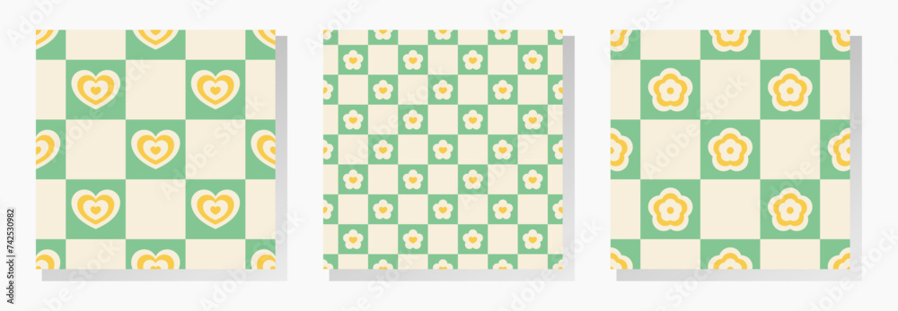 Yellow and white flowers and hearts on green checkered background. Vector seamless patterns collection in soft retro pastel colors. Yellow and white flowers and hearts on green checkered background. Vector seamless patterns collection in soft retro pastel colors.