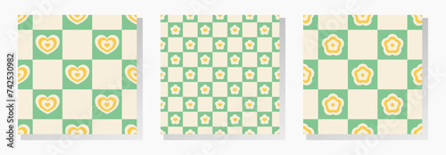 Yellow and white flowers and hearts on green checkered background. Vector seamless patterns collection in soft retro pastel colors.