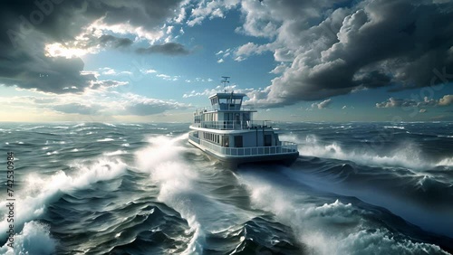 A penger ferry gently ting through the waves powered by hydrogen fuel cells and showcasing the potential of alternative energy sources in maritime transportation. photo