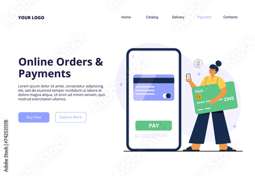 A young woman makes online payment on her phone. Easy and fast order and payment in online store. Vector flat illustration for landing page, or web banner.