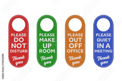 Set of Hotel Room Leather Do Not Disturb and Make Up Room Hanging Sign. 3d Rendering