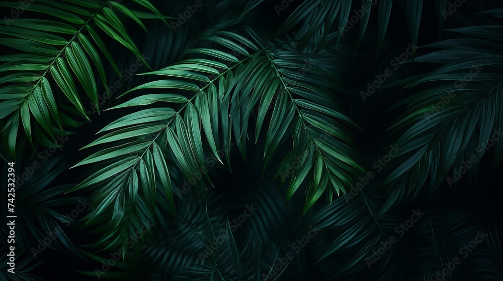 Closeup nature view of green leaf and palms background. Flat lay, dark nature concept, tropical leaf
