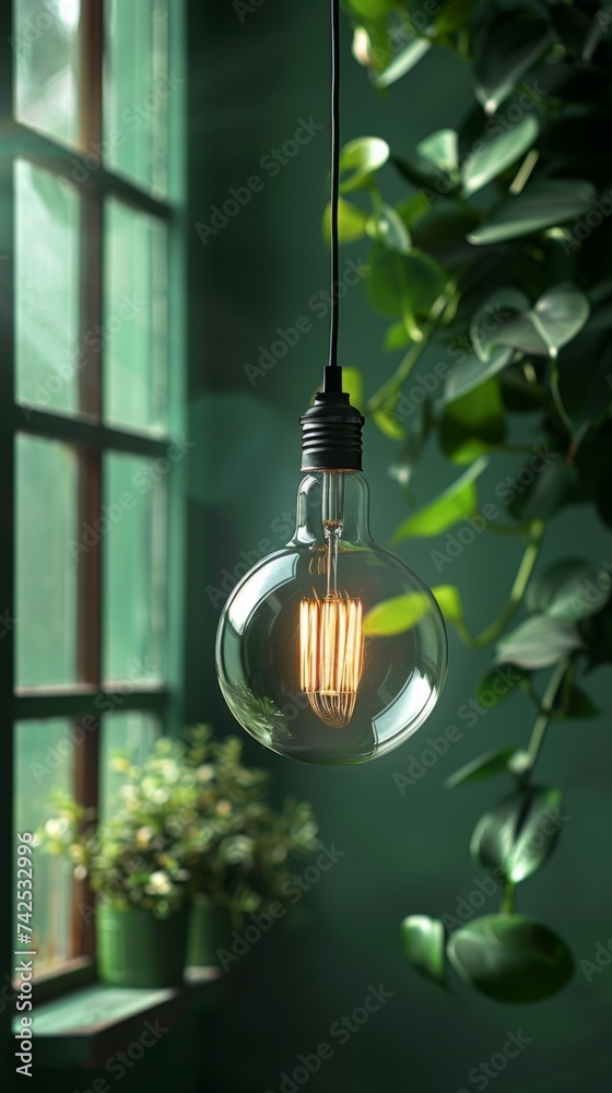 Green energy idea, lamp in a green natural background