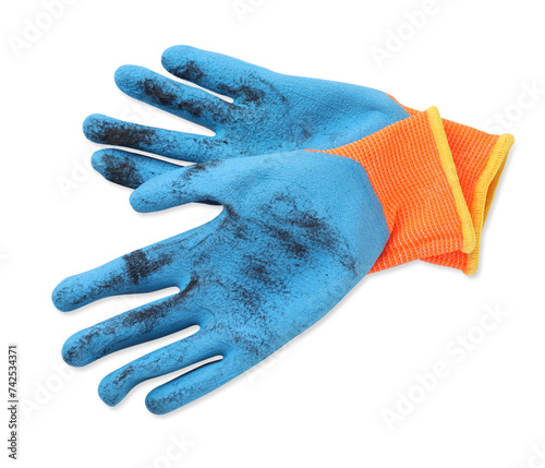 Pair of color gardening gloves isolated on white, top view photo