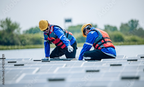 Wallpaper Mural Engineers inspect the structural stability and alignment of floating solar panel arrays as QC work. Torontodigital.ca