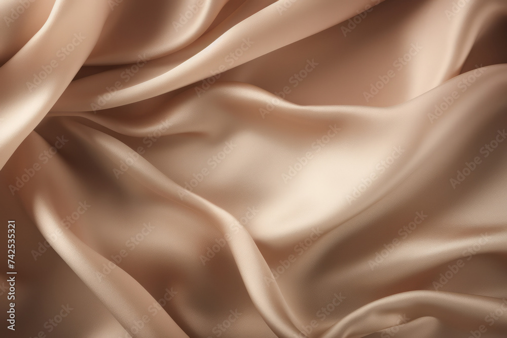 Processed collage of smooth wavy beige light brown satin silk cloth fabric texture. Background - obrazy, fototapety, plakaty 
