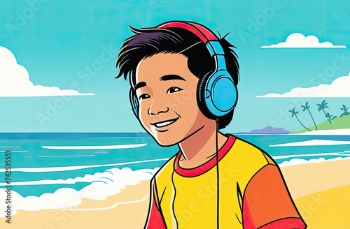 portrait of Asian teenager, happy smiling boy wearing headphones listening music, 1980s retro style, smile, looking at camera, on oceanic background, empty place, Advertising banner © Lana-Fotini