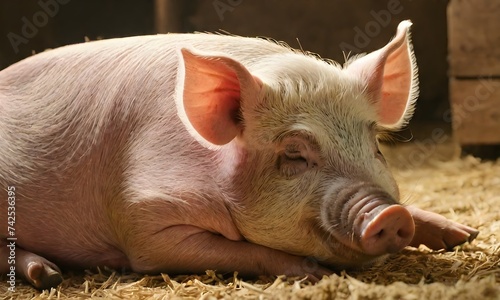 Closeup of sleeping pig facing the camera. photo